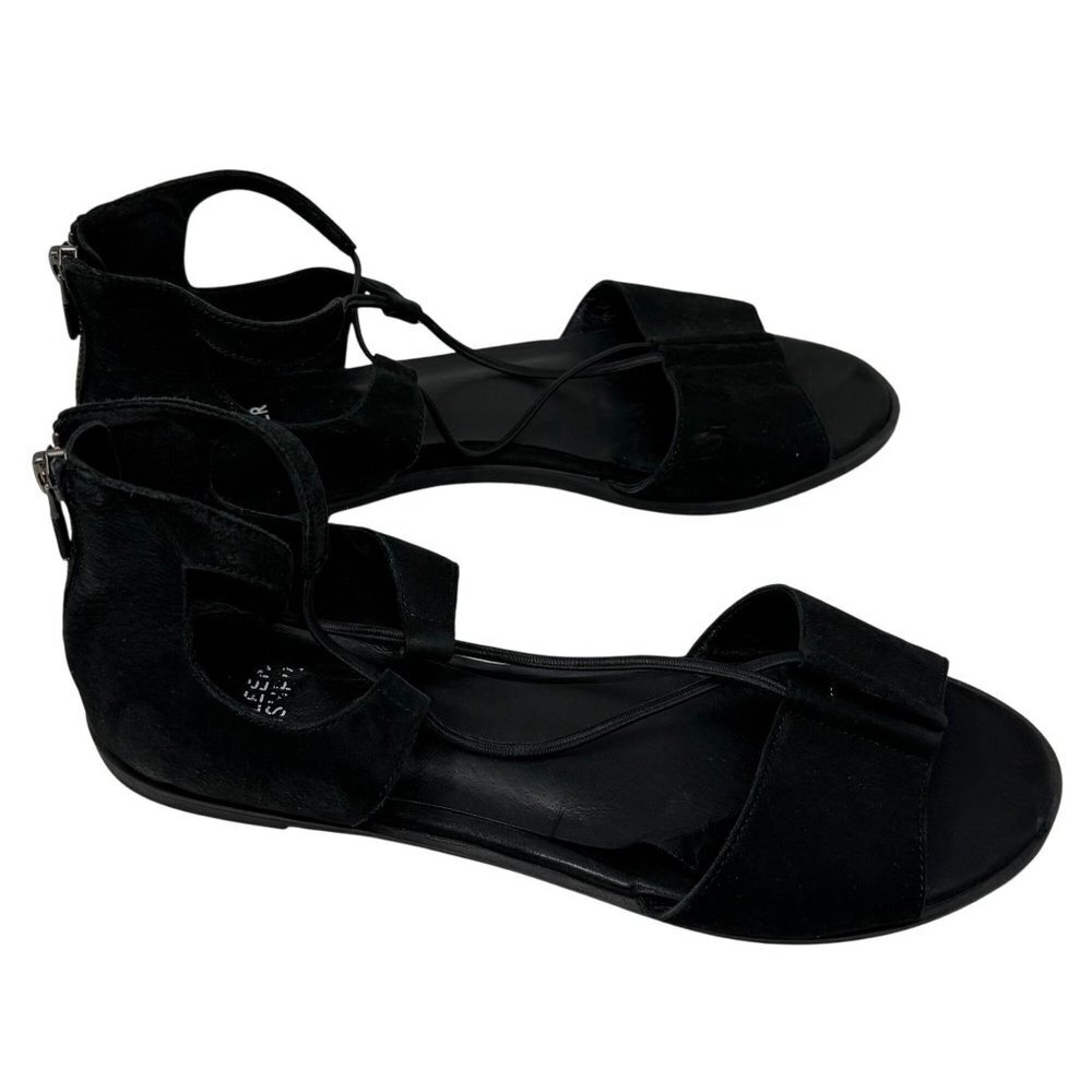 Eileen Fisher Black Suede Flat Sandals Womens Size 9 Back Zipper Open Toe Design